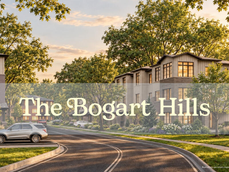 The Bogart Hills Newmarket Townhomes by City Park Artist’s rendering of The Bogart Hills pre-construction townhomes in Newmarket by City Park, featuring modern homes along a landscaped residential street.